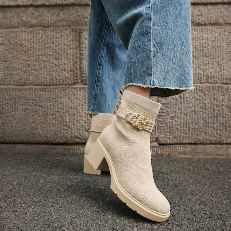 Square-Toe Water-Repellent Heeled Boots (Gisella)