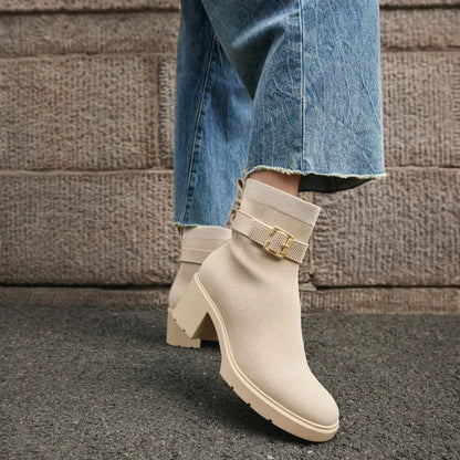 Square-Toe Water-Repellent Heeled Boots (Gisella)
