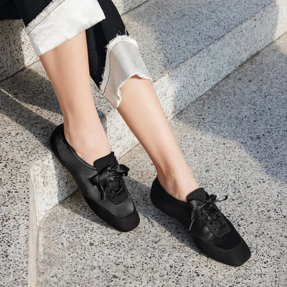 3 Laces Included Square-Toe Lace-Up Satin Sneakerina (Cristina)